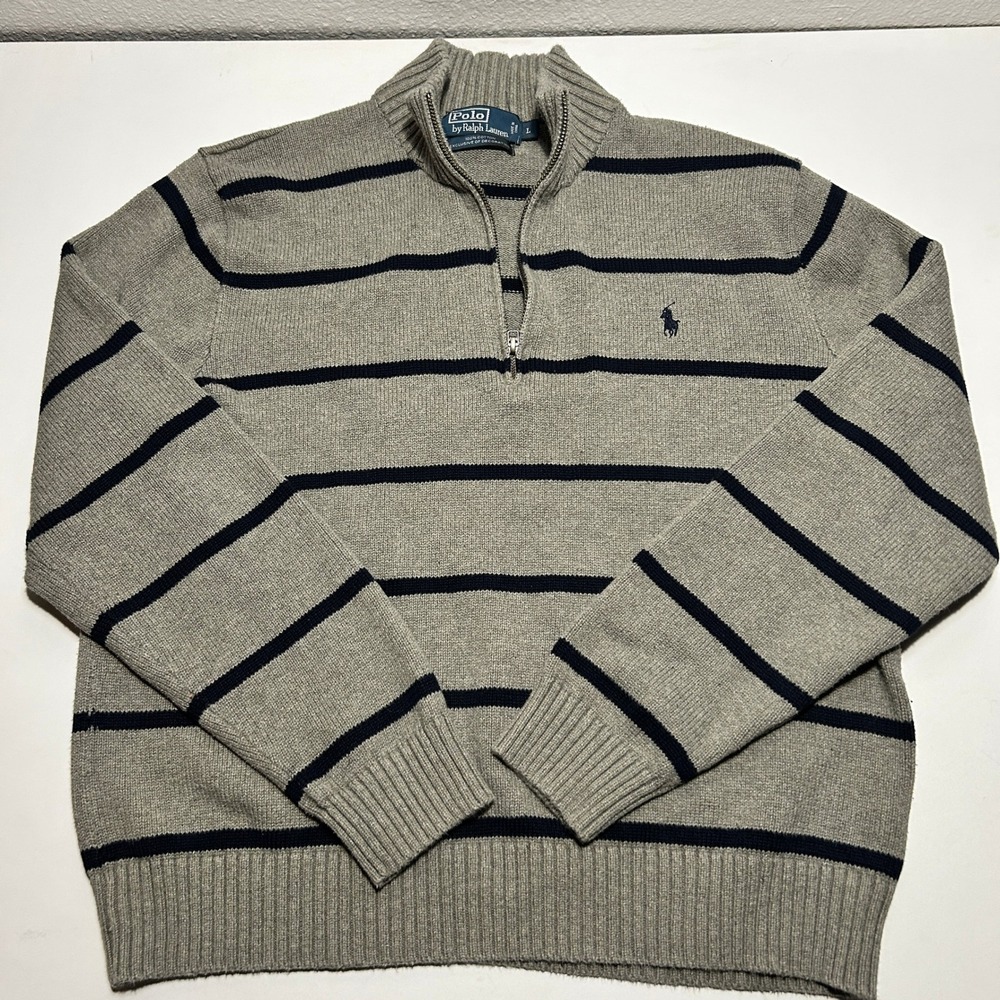Polo Ralph Lauren Mens Large Gray Navy Striped Cotton Quarter Zip Sweater
